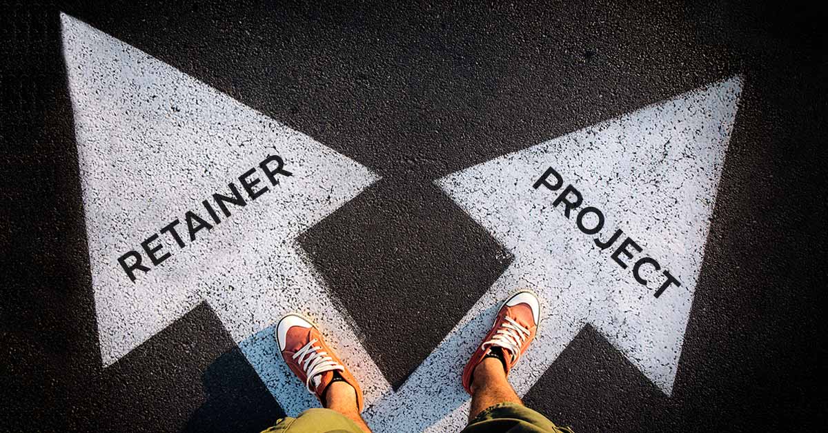 Path splitting between outsourced and in-house marketing showing choices from the What’s the Difference Outsourced Marketing: Retainer vs. Project Work article by Design At Work