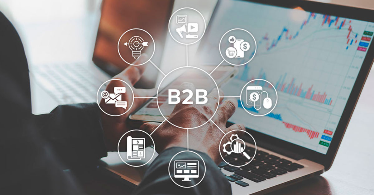 B2B marketer reviewing analytics on a laptop with graphic overlay showing strategies from the 5 Ways to Wow Your Customers with B2B Marketing article by Design At Work