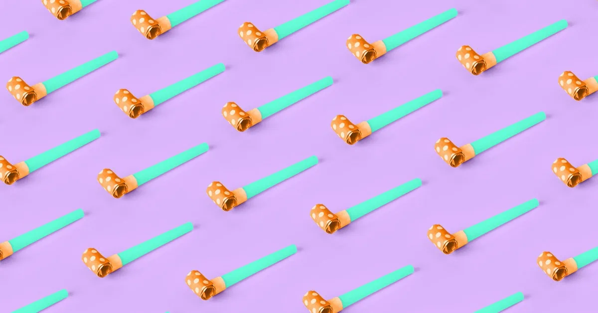 Party noisemakers on purple background representing office celebration from the How to Celebrate Your Company Milestones article by Design At Work