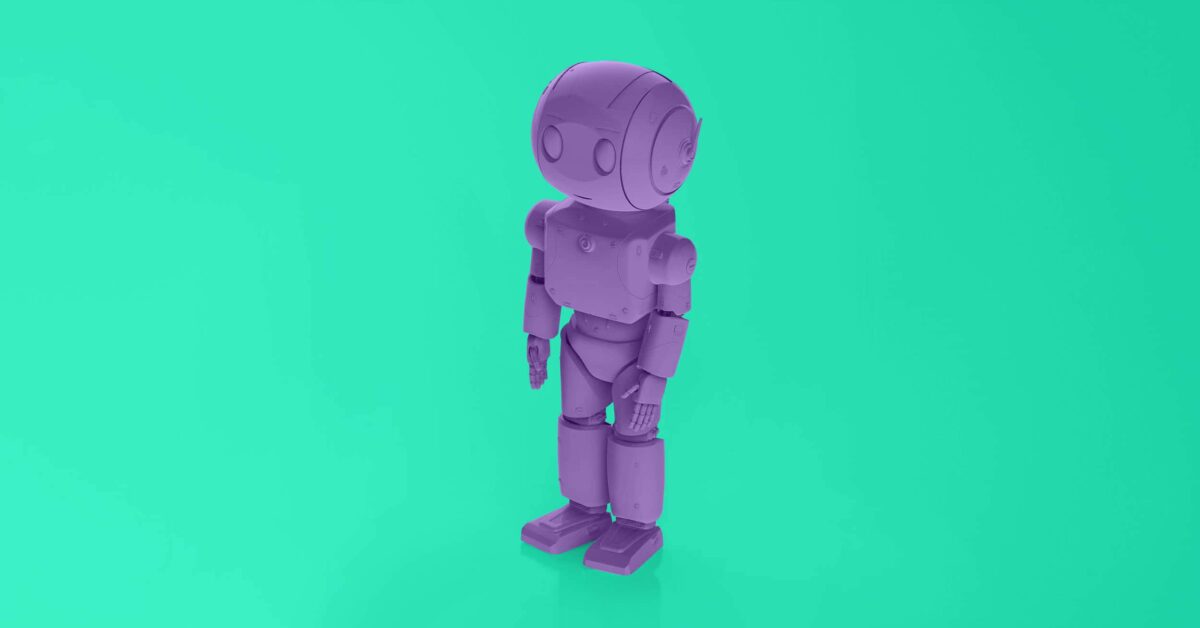 Purple robot on green background representing AI from the How We’re Using AI to Maximize Productivity (and You Can, Too!) article by Design At Work