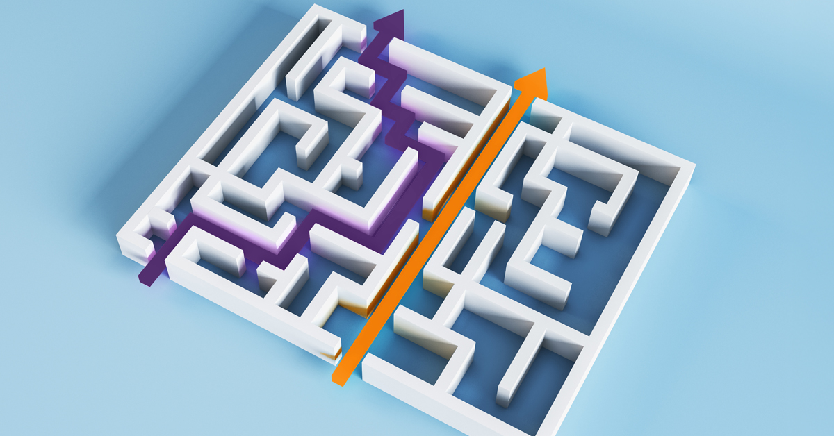 Maze with arrows showing the challenge of choosing the right marketing team from How to Choose the Right Marketing Agency article by Design At Work