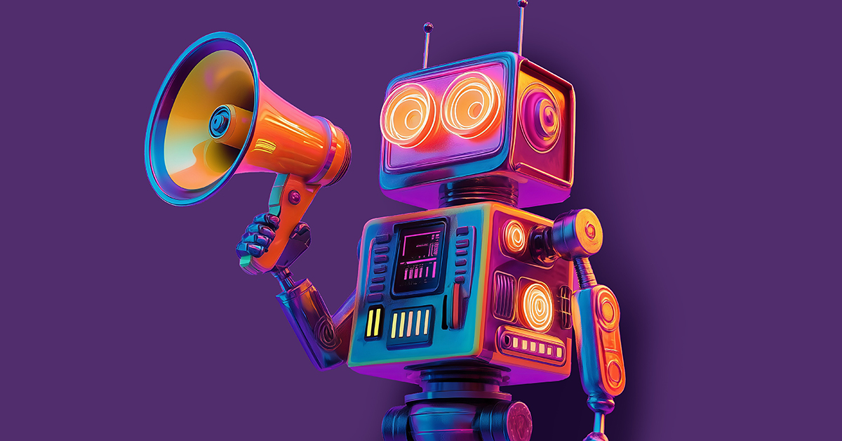 Robot with neon eyes and a megaphone representing AI marketing from the Should AI Be Doing Your Marketing article by Design At Work