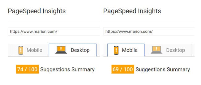 Google's page speed insights shwoing scores for Marion's website.
