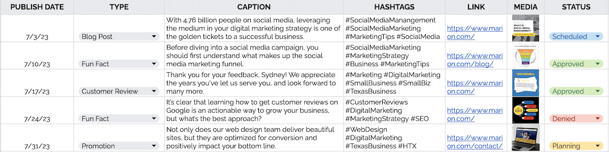 social media content calendar example