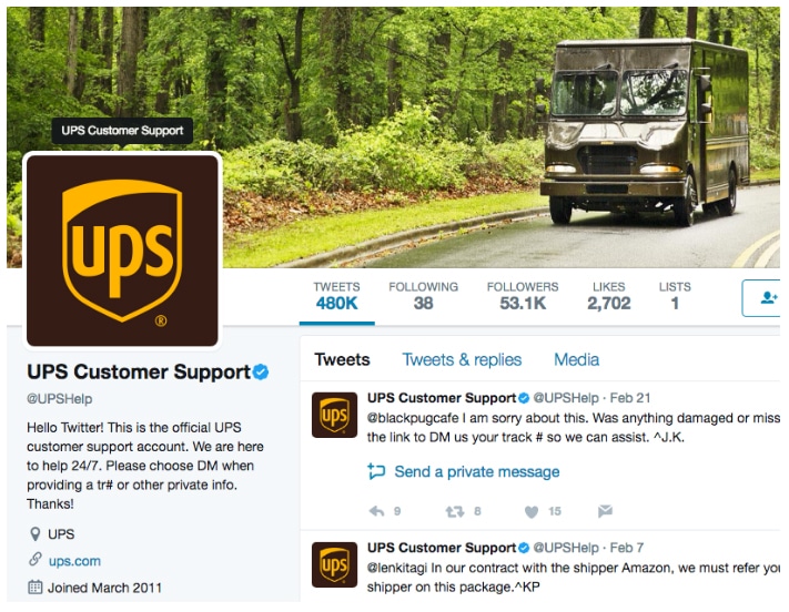 UPS Customer Support Twitter Page